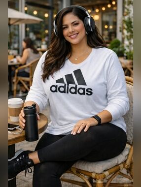 adidas Women's Long-Sleeve White Logo Tee Plus Size 3X